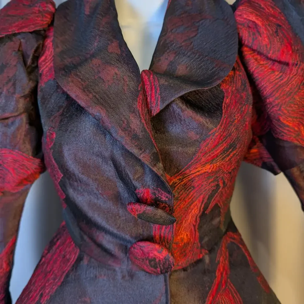 Vintage 80s Issabeau Girls Brocade Party Coat Dress Red Black Jacquard Fit Flare